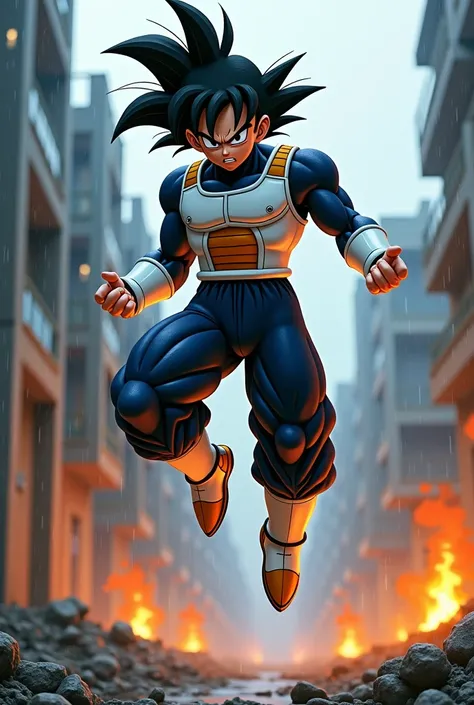 A young adult,  of wavy black hair , brown eyes, thin, wearing armor similar to that of Vegeta (Dragon Ball Z Character), with the ability to control flames and create ice shields, levitating with visible anger over the wreckage of a building,  on a rainy ...