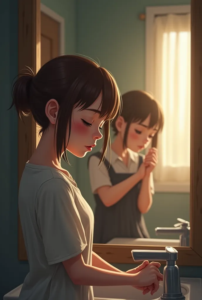 Morning in the bathroom:  a middle-aged woman ,  Brown-haired  , simple dress, is in the bathroom holding the sink,Are you vomiting with an expression of pain and concern.  The soft morning light comes through the window , illuminating the blurry mirror. I...