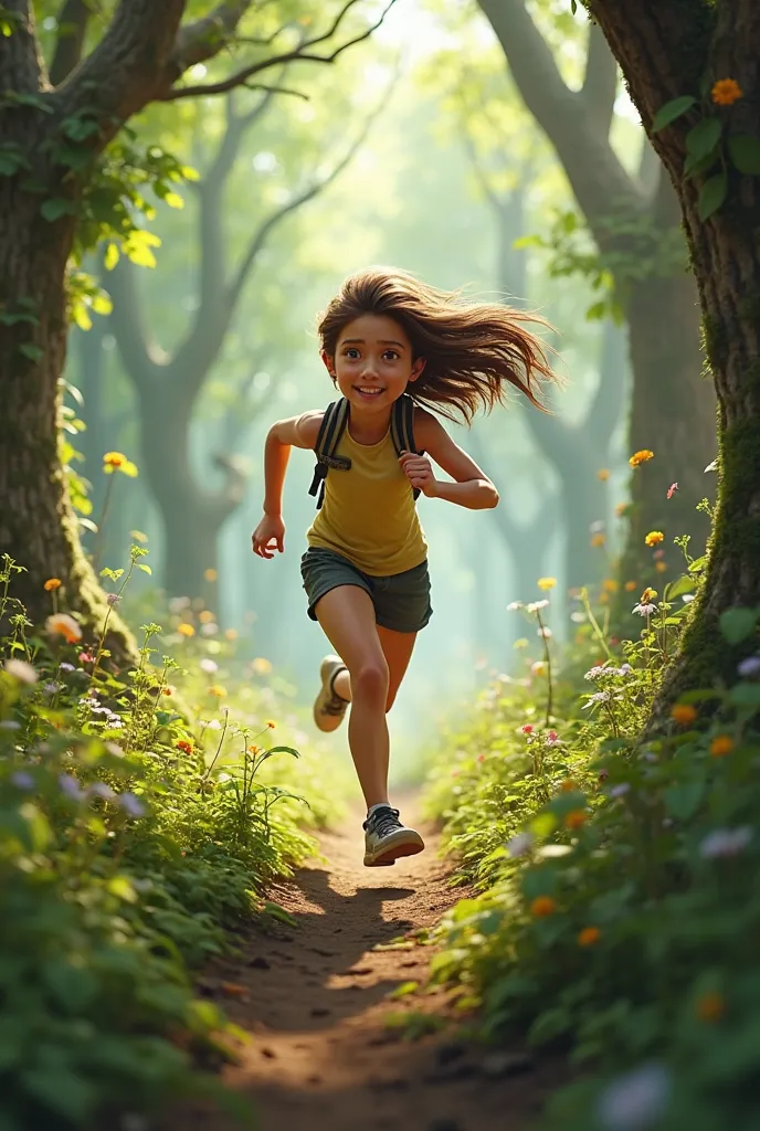 A girl running through a forest 