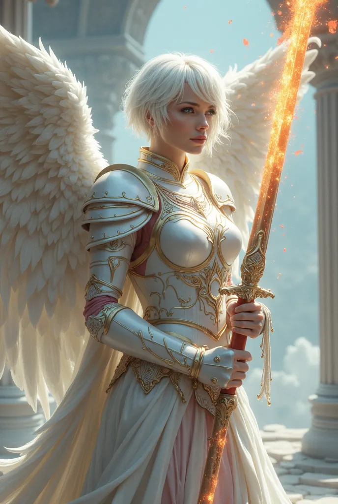  Masterpiece, ultra realistic,  wall , An ANGEL woman Imposing wings: Generally depicted with large, majestic wings filled with white feathers , that shine with a divine light, symbolizing his direct connection with heaven.  your short white hair  , And yo...