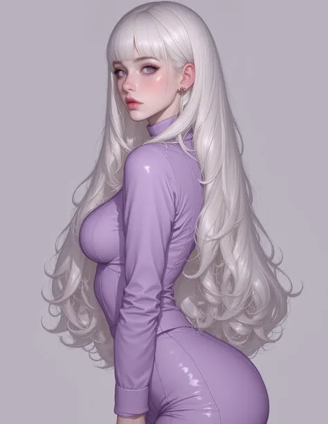 1 woman, Young woman with slightly innocent features, Long hair down to the waist with light waves, white hair, big eyes purple (purple eyes1 .2), her skin is white and pale, slightly thick lips in a shade of pink, long white eyelashes, curvy body and thin...