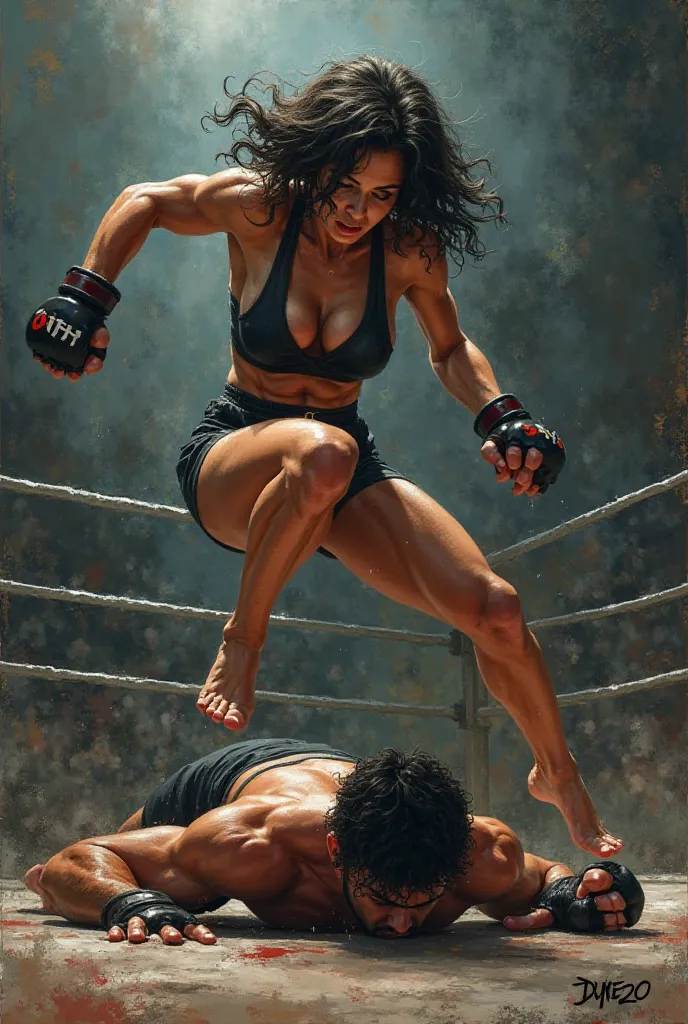 Draw a girl with a curvy and athletic figure, with big muscles, who jumps from a height with her elbow at a defenseless man lying on the floor in the ring, thereby killing him