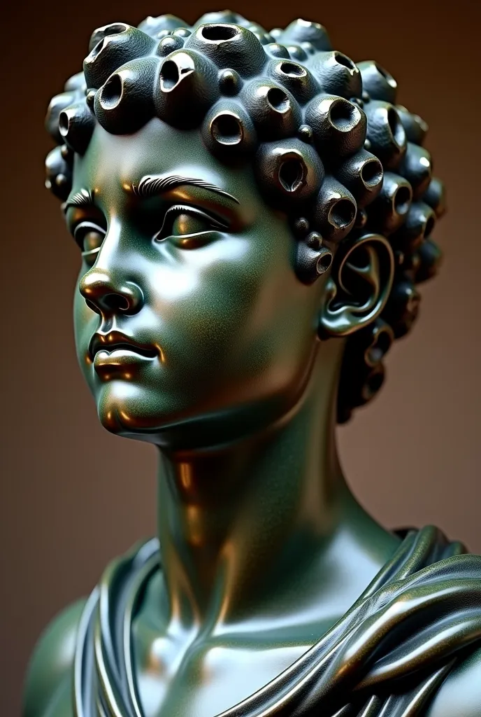 a close up of a bronze bust of a young boy, bust with a beautiful neck, male face and bust, roman, bust, bronze face, portrait of achilles, young greek man, roman face, bust with intricate details, bust with a long beautiful neck, greek sculpture, bust vie...