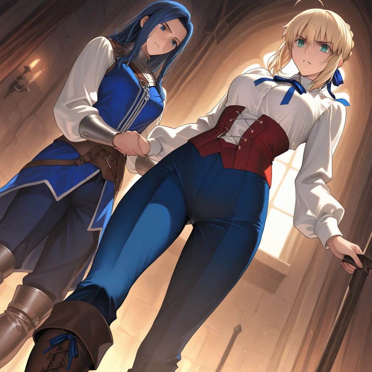 Saber, Fate Stay Night, Inside the castle, Medieval Magician, medieval adventurer, white shirt, blue ribbon, dark blue pants , dark blue thigh pants, own boots, brown knee-high boots, fantasy adventurer costume, elegant, dominant, Dutch angle, cowboy shoot...