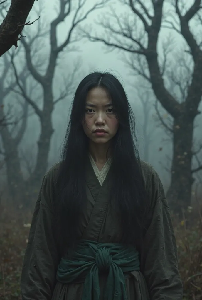 Desolate forest, long hair, staring at me slowly, 604 Jin, Korean woman in her 40s.