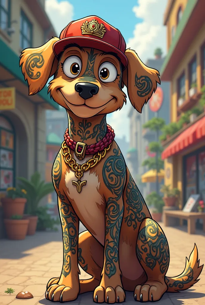 Tattooed dog with a feint of a pimp with a cap , animated