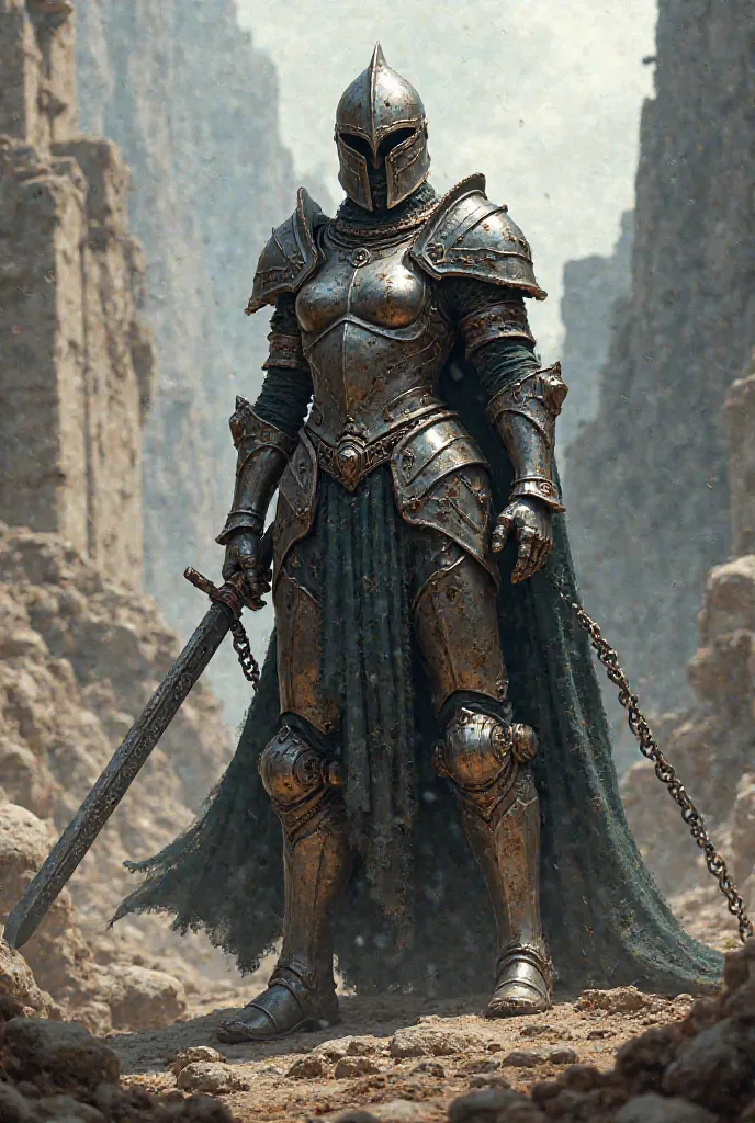 create a female knight in a helmet holding on to a chain