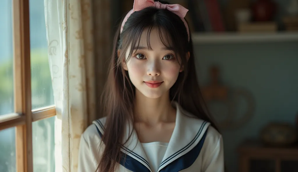 Highly realistis 8k photos, wearing a school uniform , wearing pink ribbon headband , asian korean girl,  big breasts,  longhair with bangs, at home , 