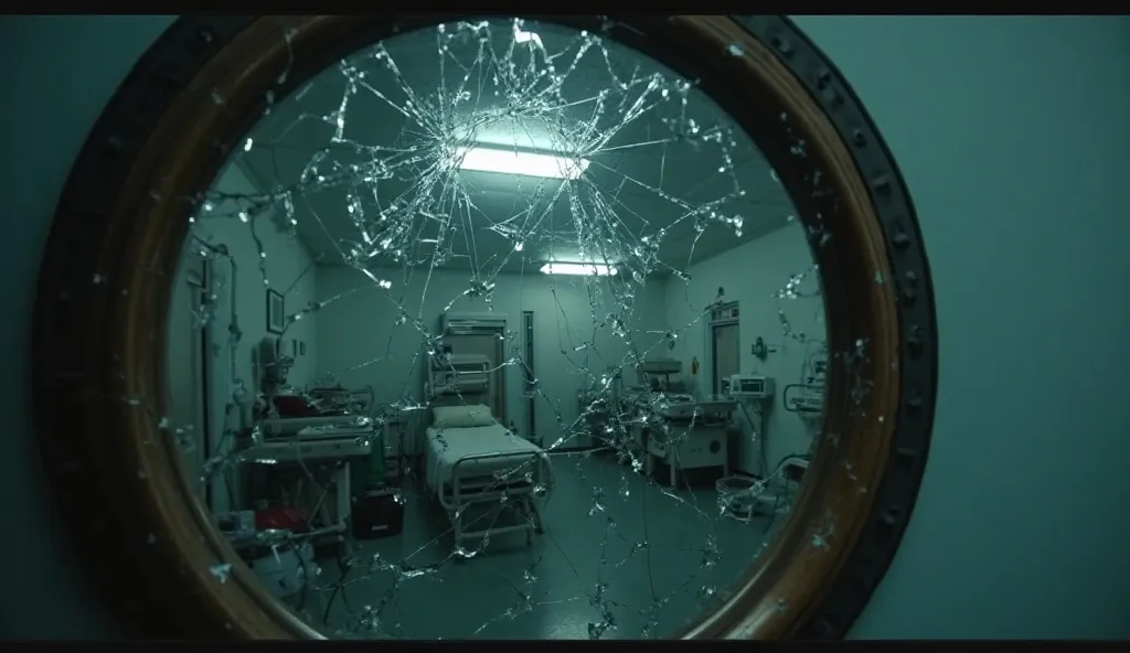 A cracked mirror on the wall of a creepy morgue 