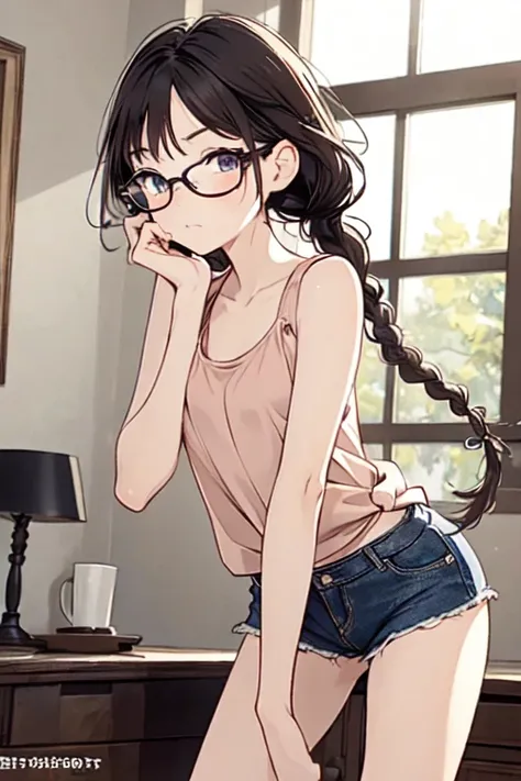 4K, nsfw, masterpiece, 8k, sex, 最sex, at home, Alone, 1 ,  in the bedroom, back of the room, ( linear drawing:0.6) , clean  linear drawing, watercolor,  reading glasses,  detailed glasses , short black hair in double braids, Franja Reta，very short，shorts j...