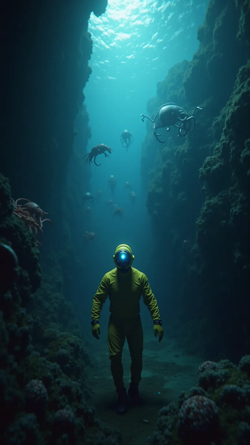 " An ultra-realistic first-person image  (throw) of a diver exploring the depths of the ocean. Only the diver's arms are visible, dressed in a yellow diving suit, reinforcing the immersion . The lighting comes from a flashlight attached to the helmet, but ...