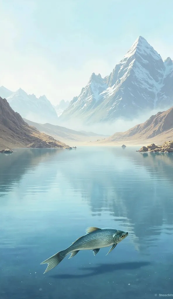 In a painting: On the right, a crystalline lake is found a lake with a fish in the water and in the background there is a blurry mountain and on the left there is a desert.