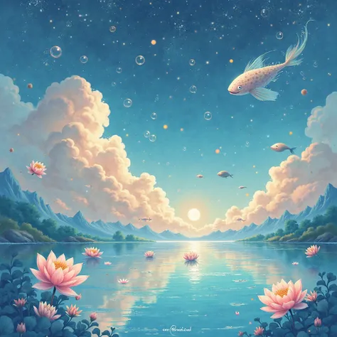  dreamlike aesthetic , ethereal and aquatic. You can identify elements such as bubbles, Crystal clear water,  lotus flowers , medusas,  pearls, Lots of fish and starry skies, all represented in pastel colors and iridescent tones 7 warm. Many illustrations ...