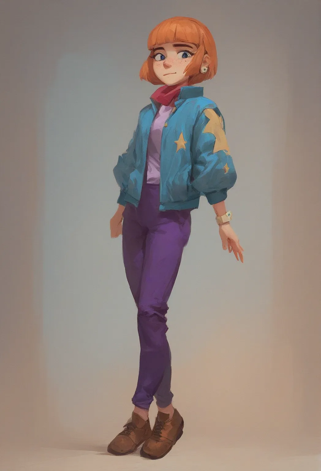 madeline, celeste, masterpiece, best quality, amazing quality, very aesthetic, absurdres, solo, 1girl, full body, 
red-pinkish hair, blue zip jacket, brown shoes, purple pants, red,