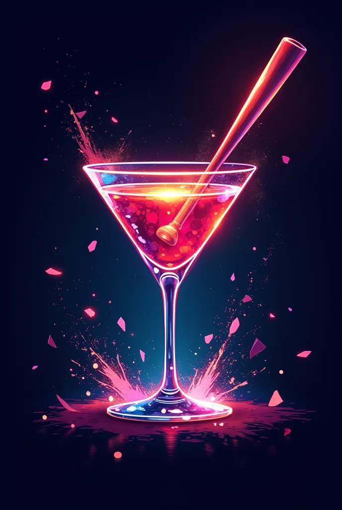 make a graphic logo including these details: glass of cocktail, disco lights, baseball bat, shattered glassw and a resto bar