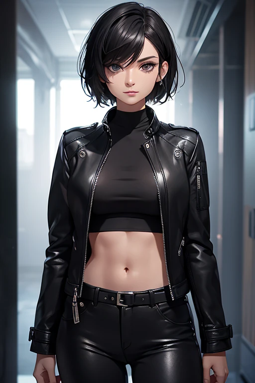 beautiful woman, age group 30 years, Pixie style short black hair, wearing black leather jacket with short black tank top underneath, trousers fitted to the body,  black eyes,  portrait, natural shine, confident expression, Elegant poses, blurred backgroun...