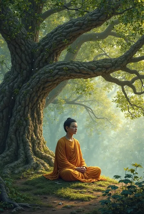 Gautam budha meditating under the shadow of banyan tree realistic natural colour 