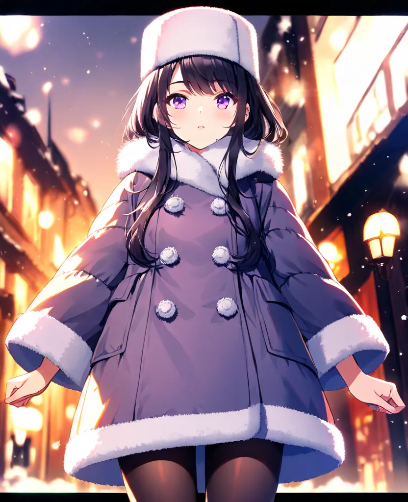 1girl, solo, black hair, hat, purple eyes, pantyhose, coat, letterboxed, winter clothes, fur hat