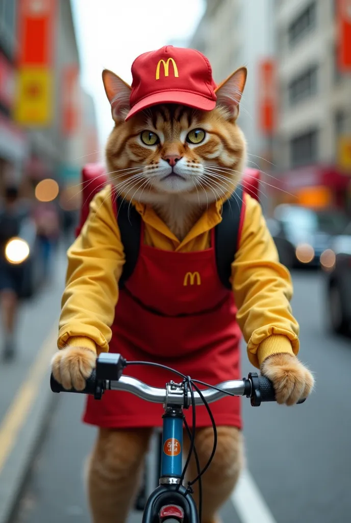 "A cute cat dressed in the uniform of a McDonald's employee, including a red hat and apron with the gold logo, now he's on the street riding bicycles. He wears a delivery backpack on his back, as if he were taking orders for delivery. Your expression is de...