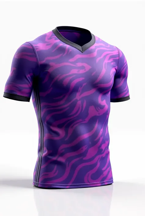 With white background make a mockup of purple soccer jersey having a wavy & fantasy whispering lines on full jersey.