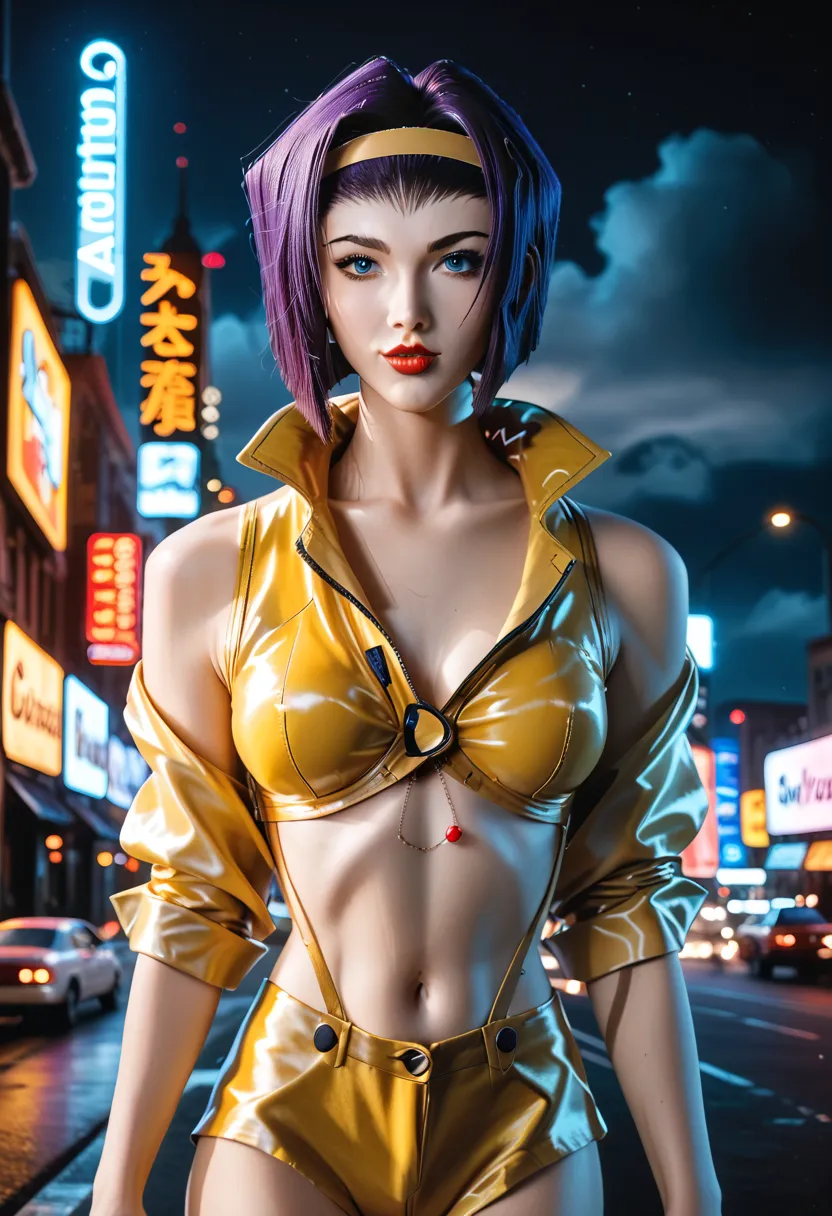 (best quality, 8k, highres), ultra-detailed, realistic, charismatic, bold, captivating, Faye Valentine in cowboy  bebop, with sharp eyes and delicate lips, beautiful detailed eyes, beautiful detailed lips, seductive expression, short purple hair, long legs...