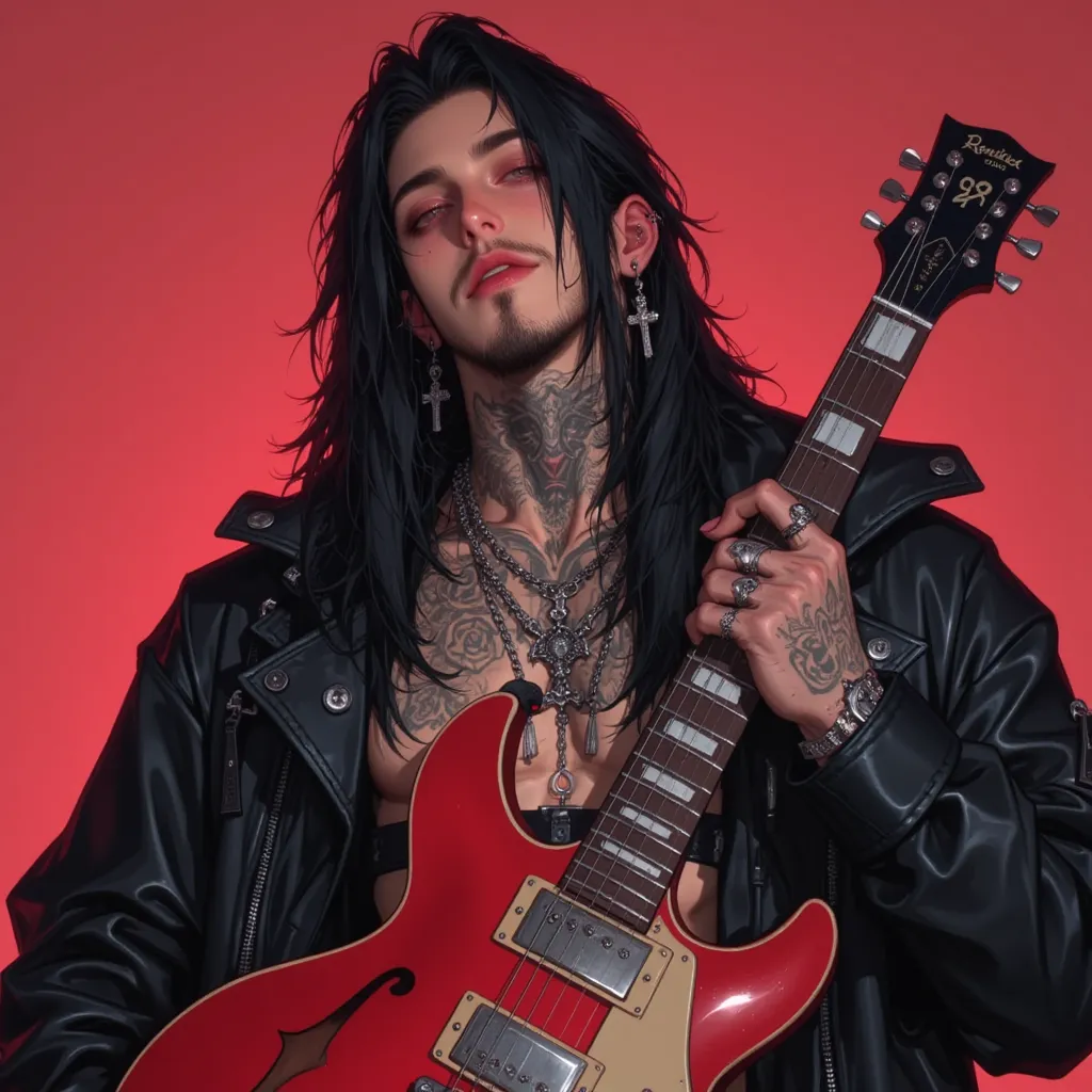 A attractive young Caucasian man with fair skin, very long black hair past his shoulders, sharp rugged features, black eyes, holding a red electric guitar, with detailed tattoos on his neck and hand, wearing just a leather jacket, silver rings, he has a ta...