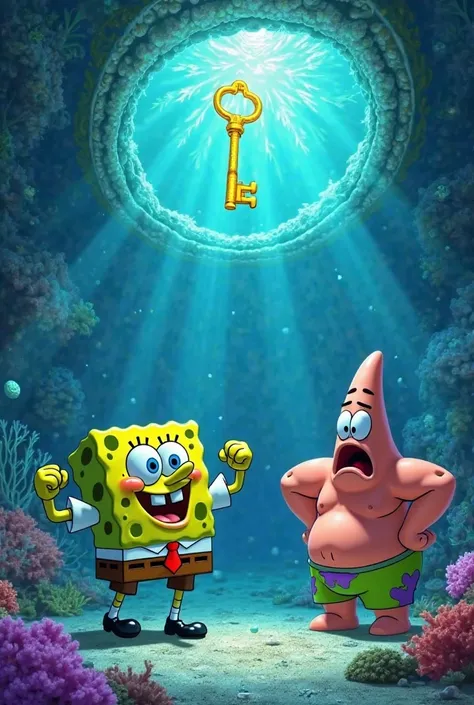 A scene from a Disney/Pixar animated film set at the bottom of the ocean. SpongeBob and Patrick, now super-muscular and giant, watch in shock as a golden key glows and falls into a magical underwater manhole. This strange manhole works in reverse, sucking ...