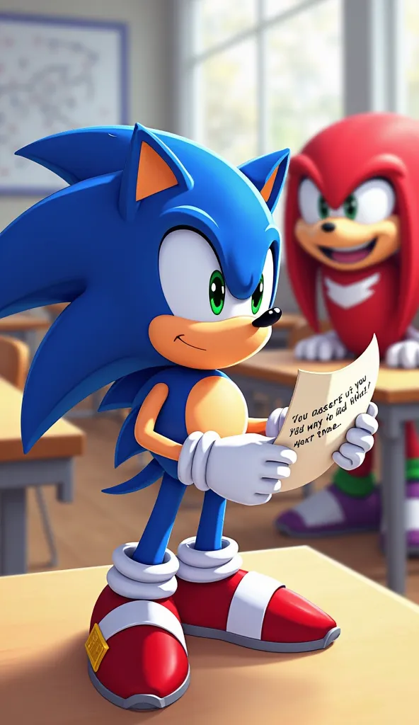 "A folded piece of paper flies in the direction of Sonic. He opens it and sees a funny note from Knuckles, Who is laughing in the back of the room."