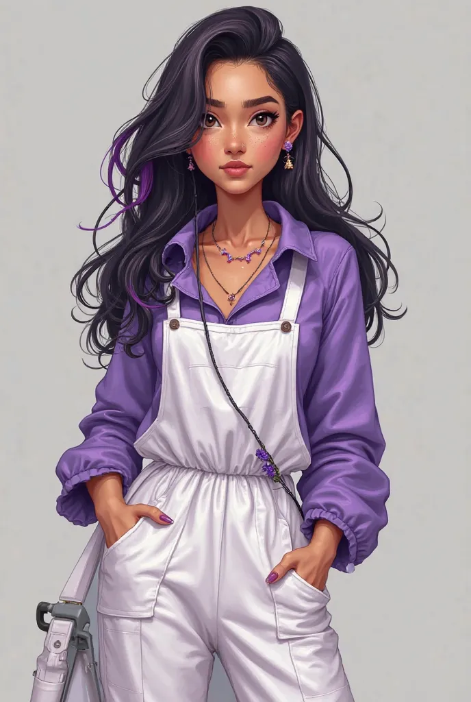 a woman of 1.75 tall, with a long white outfit, and on top a purple gardening jumpsuit, she is white and has black hair with purple highlights, on her left ear she has a purple violet hanging. she has brown eyes, and very light freckles on her face. she ha...