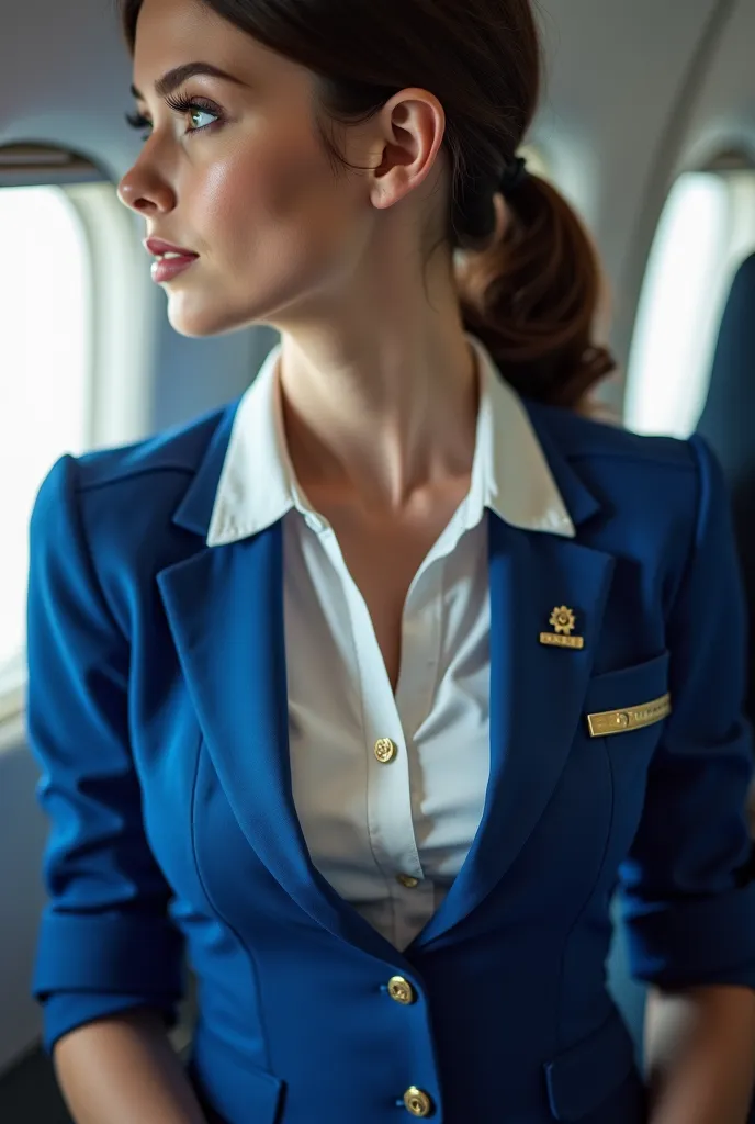 Hyperrealistic, dull analog image of a flight attendant in a tight blue uniform with an unbuttoned white blouse and a short fitted miniskirt with her brown hair tied back about 19 years old, attractive, exuberant, sensual, very beautiful, with big perfect ...