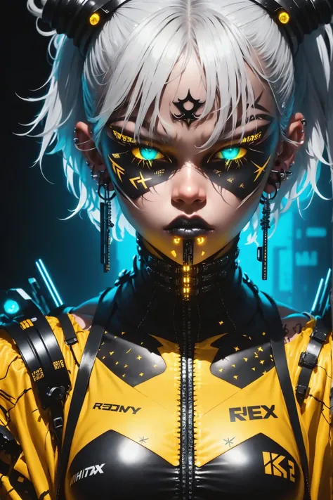 Beautiful black cyberpunk girl, angry face, dark look, sideways, loaded with yellow LED tattoos on her face and body, beautiful perfect eyes, short white hair, tight futuristic mixed outfit with layers, black and yellow colors, dark background, complex bla...