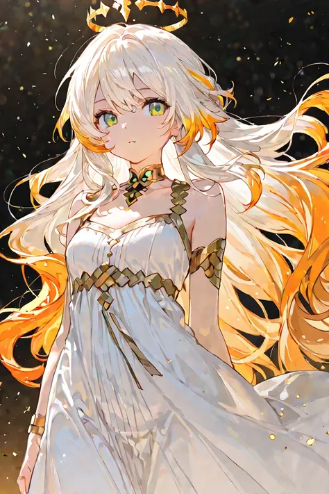 1 girl, green eyes, golden-white hair, Shaded in orange, long hair, white dress, Fresh, multicolored_hair