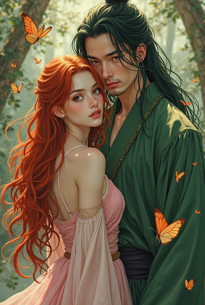 An impressive illustration , High quality and ultra-high resolution of a young lady, in his 30s, shorty, with white skin like porcelain accented by subtle freckles on her frightened face,  adorned with long red hair , , wavy and seductive who cascade down ...