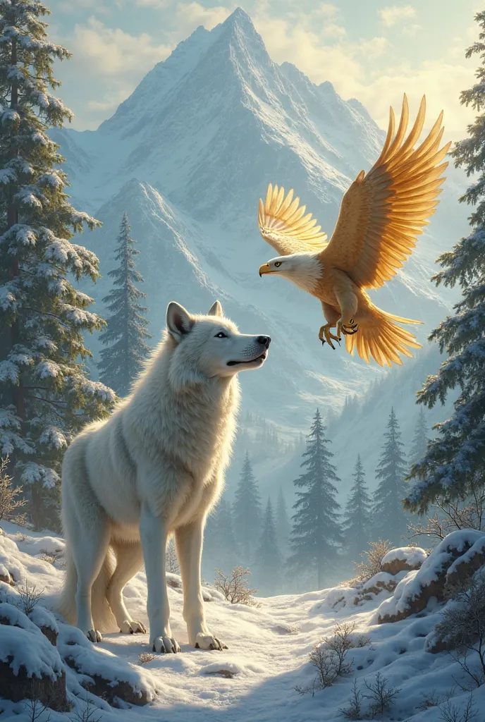 A white wolf spiritual warrior with a golden eagle spiritual warrior, together of the same size with a forest half snowy and mountains in the background