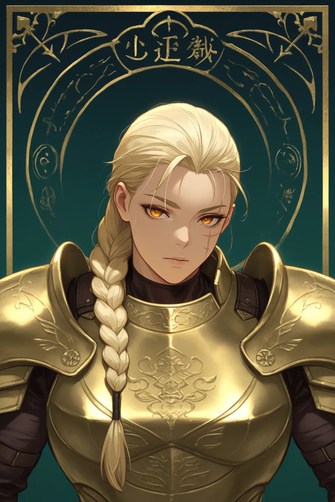 slender body, more muscular, golden skin and amber eyes with fine pupils like those of a feline. Her blond hair is always impeccably tied in a thick braid. Her face is marked by a scar over her left eyebrow.
Outfit: Light plate armor, of a greenish gold me...