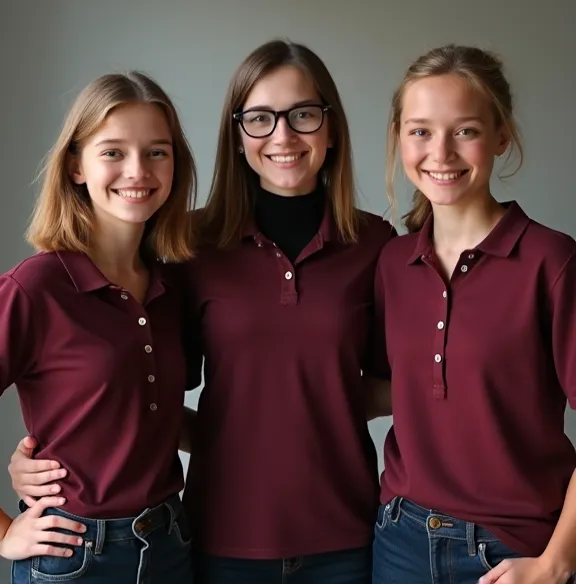 Three ren take a ralistic photo, She has a dark red, wear a burgundy polo shirt. On the left chest of the polo shirt is the first name. The buttons on the polo shirt are clipped.

The description of the people:

Katharina  (Middle):  female, brown hair, we...