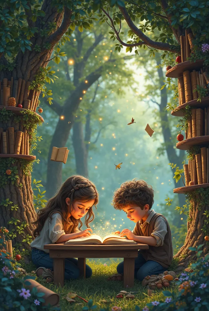 A girl and a boy studying in an enchanted forest that has book shelves with trees and that is crazy