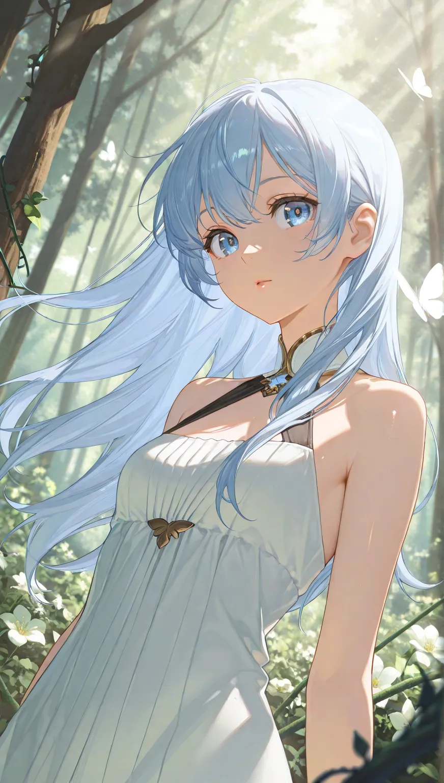 masterpiece, best quality, great quality, very aesthetic, High Resolution, super detailed, Absard Dress,  latest,  Scenery, (sunlight filtering through the trees:1.2),  rimlight, backlight,  dramatic shadow , 1 girl, Long Blue Hair, blue eye, shiny eye, me...