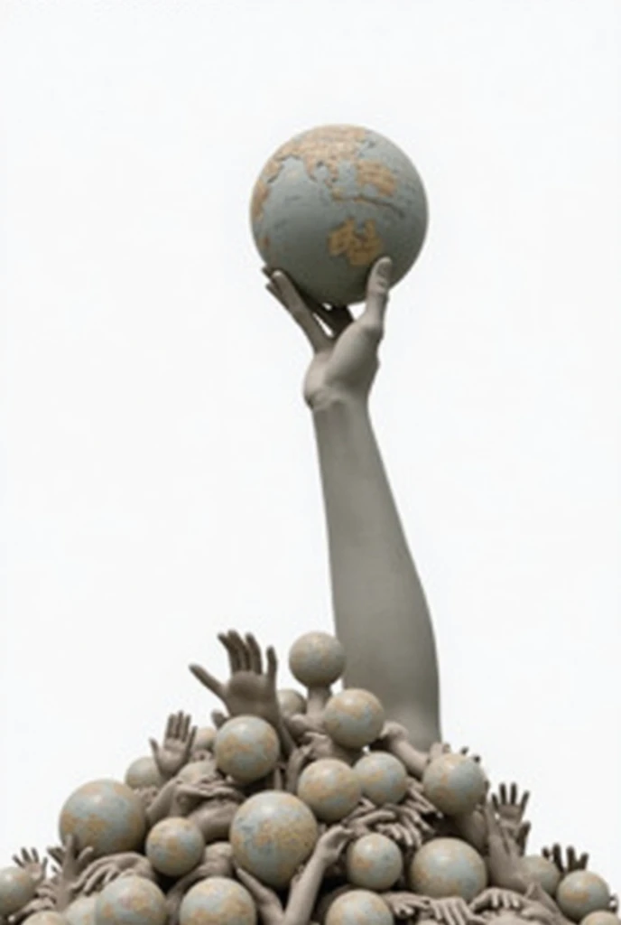 A photo of a sculpture in a public space. There is a large statue of a hand holding a globe. The statue is made of durable materials and will stand the test of time. Next to the statue, there is a pile of smaller hands holding globes. These hands are made ...