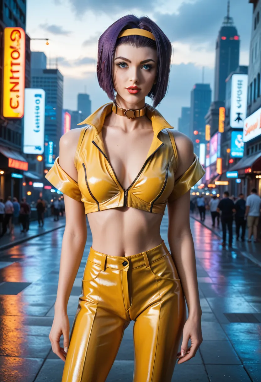 (best quality, 8k, highres), ultra-detailed, realistic, charismatic, bold, captivating, Faye Valentine in cowboy  bebop, with sharp eyes and delicate lips, beautiful detailed eyes, beautiful detailed lips, seductive expression, short purple hair, long legs...