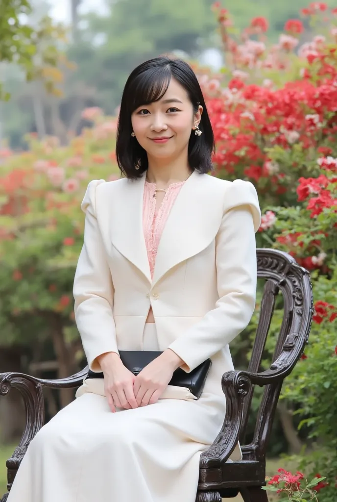  beautiful Japanese woman,  Sweet Smile,  wearing a tight white long evening dress,  matching a modern Thai dress ,  pink rose embroidery , Aluminum collar ,  colorful rose ruffles , Fantasy tinted texture , Shiny colors,  similar gems ,  sitting on Louis'...