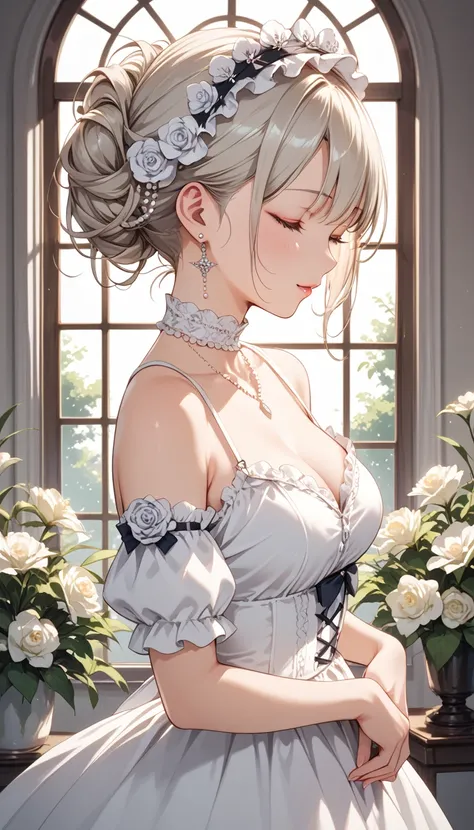 "A delicate and ethereal anime-style illustration of a beautiful young woman with soft, wavy platinum blonde hair styled in an elegant updo. Her eyes are closed, and she has a serene and melancholic expression. She wears an intricate black lace choker and ...