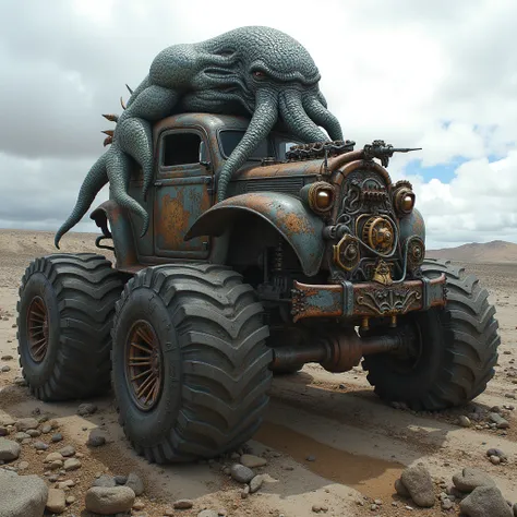 a monster car with a Cthulhu monster head body、The soul of Cthulhu possesses the car itself。 big tire 。a monster car equipped with a steampunk V8 engine。
