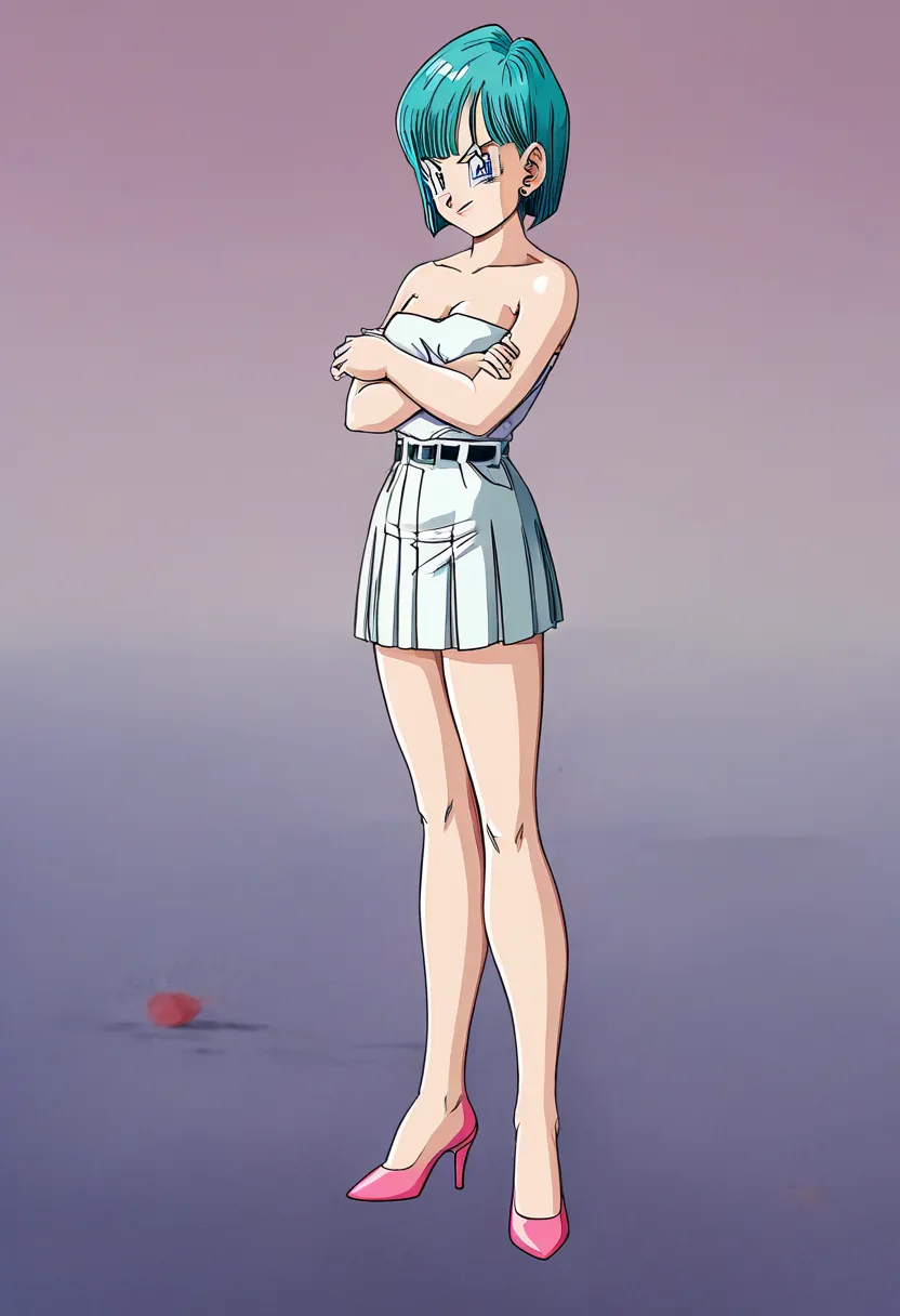  bulma, Saga de los Androides , short hair, aquamarine hair, bob cut style .,  water colored hair , bangs, blue eyes, attire, de Saga de los Androides  color rosa, pink strapless shirt ,  Pink Pleated Skirt  , bare shoulders, standing in front, serious guy...