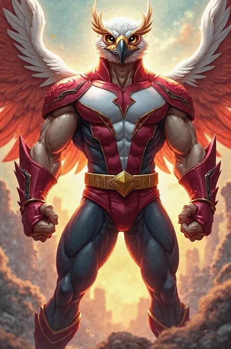 create an image of a male superhero from Indonesia. cartoon image with high quality animation. visible all parts from head to toe. both hands on the right and left sides. human form but head like an eagle. wearing red and white costume.