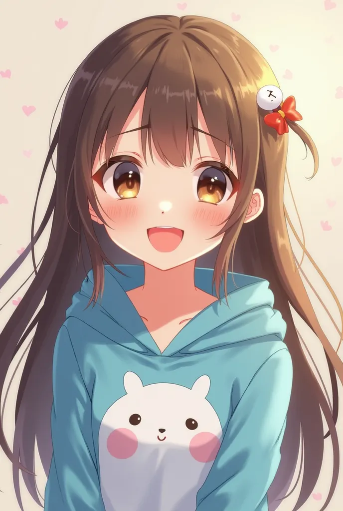 age girl anime Brown eyes, long brown hair, light skin, pink lips

Smiling

Wearing blue sanrio onesie with hood