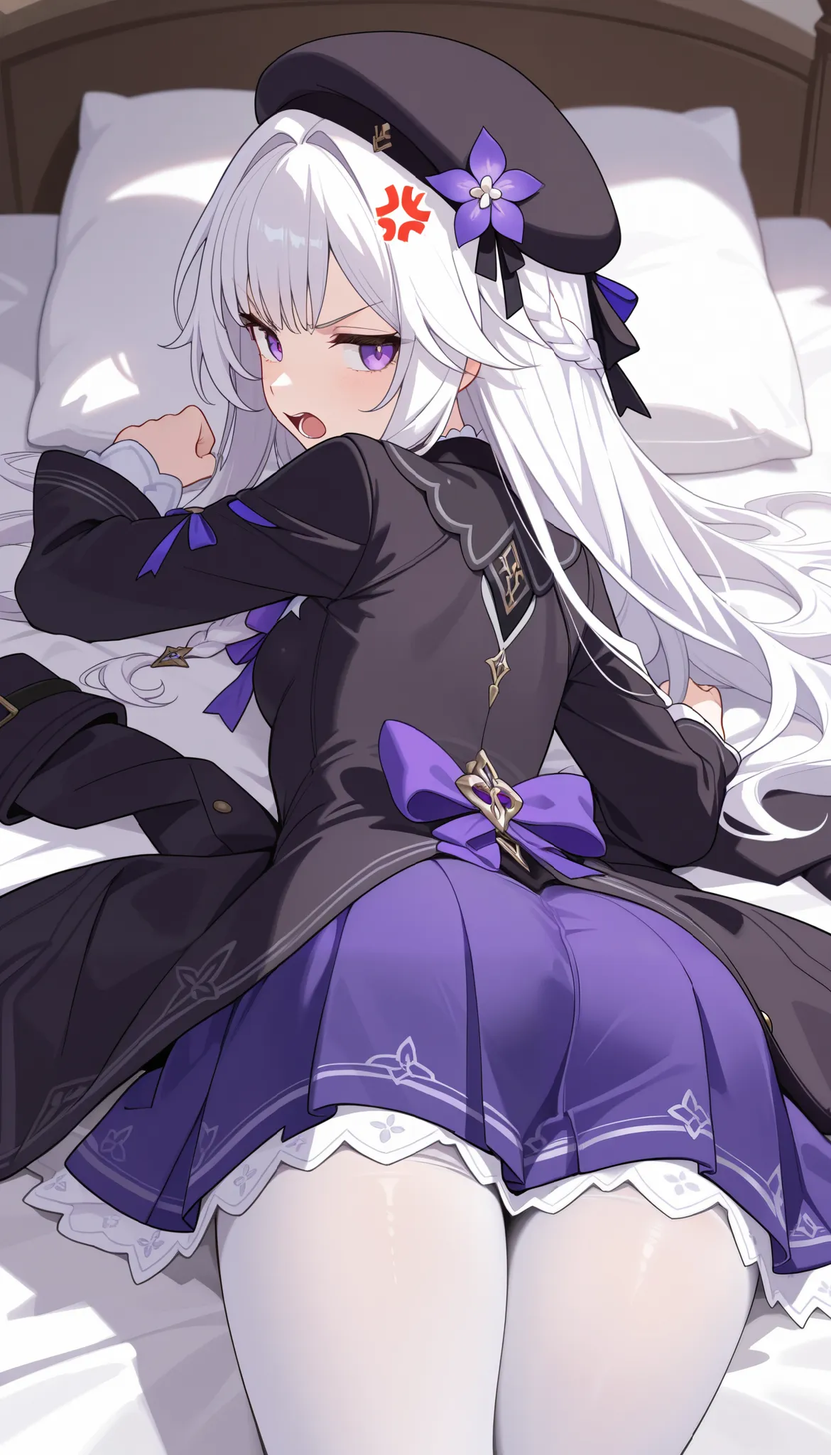 best quality, masterpiece, absurdres, 1girl, (herta_\(Honkai:_star_rail\):0.5), small_breasts, purple_eyes, (white hair:1.2), hair_ornaments, long_hair, black_coat, white_pantyhose, purple_bowtie, long_sleeves, french_braids, black_beret, purple flower hai...