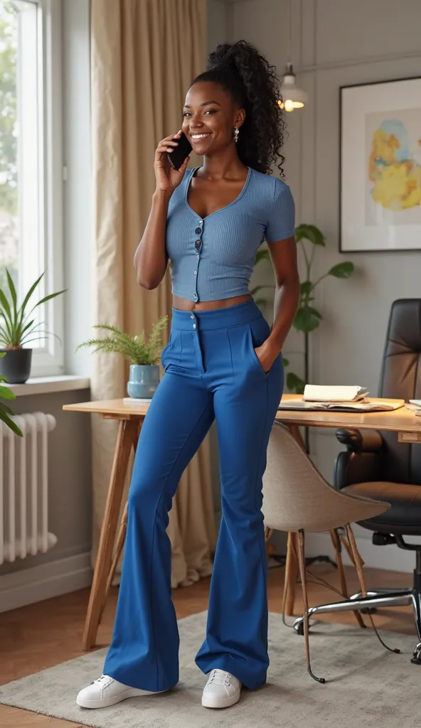 Blenda—Create a photorealistic image of a confident black woman in her 30s standing in front of her desk in a stylish, modern home office. She is standing at a 45-degree angle to the camera. While talking on the phone, she has a glowing, big smile that con...