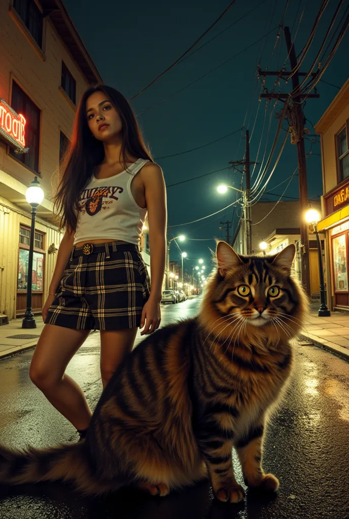 A young woman with long, straight dark hair stands on a quiet urban street at night, captured through a vintage 35mm film lens. She wears a white cropped tank top with a faded graphic and a plaid mini skirt, exuding a cool, nostalgic charm. Her expression ...