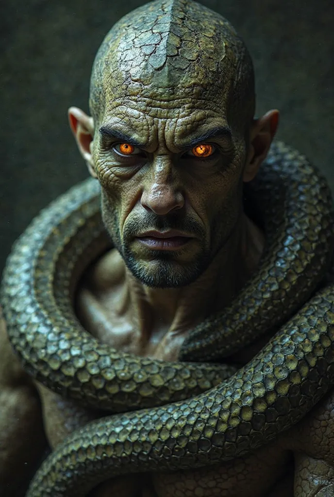 A man with reptilian features, his skin covered in deep cracks and scales, his eyes glowing with an eerie light. His posture is twisted and unnatural, as he struggles with his transformation into a snake-like creature.
